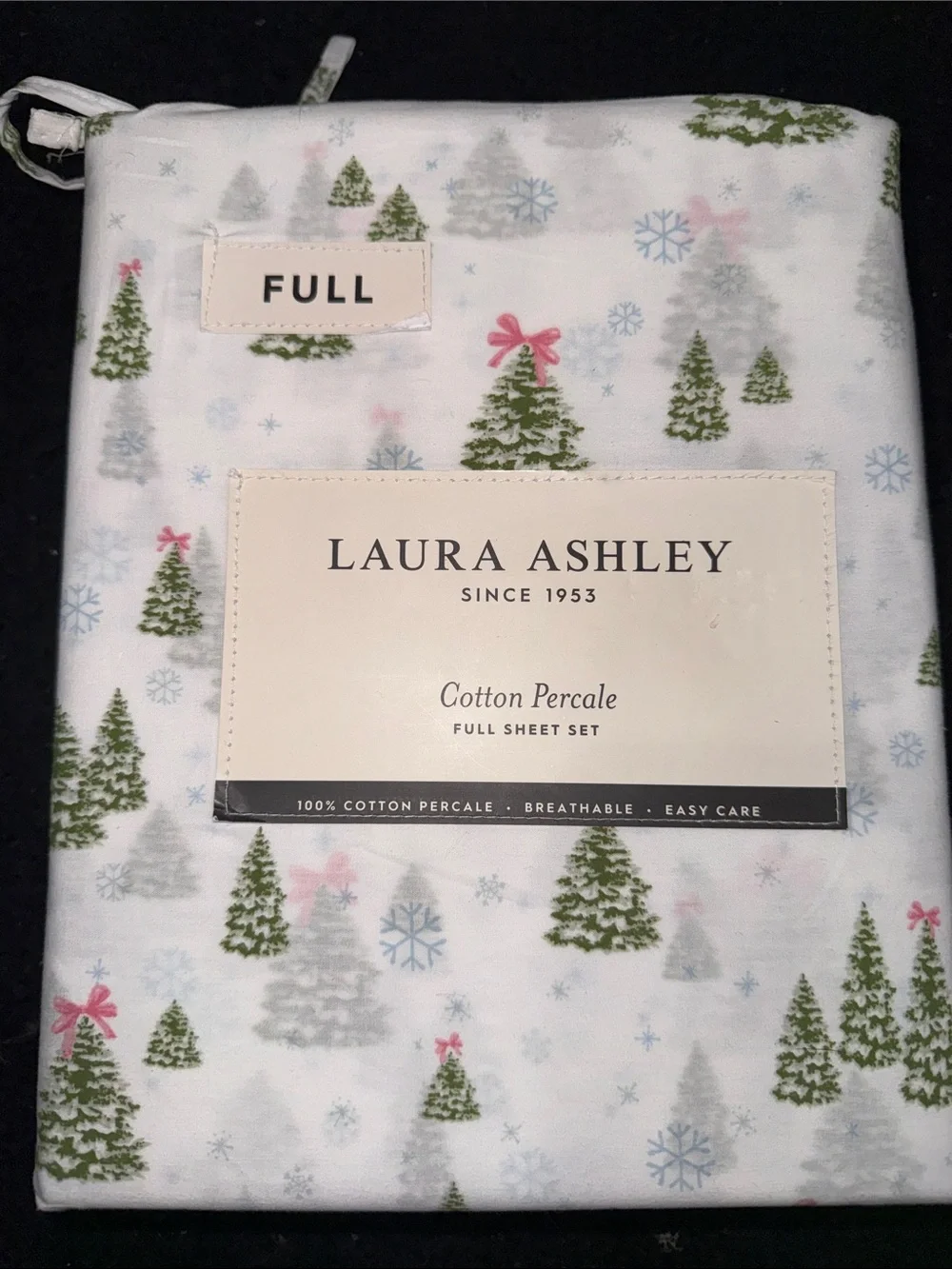 NEW Laura Ashley White CHRISTMAS Tree PINK BOW Print 4 PIECE FULL Sheet Set